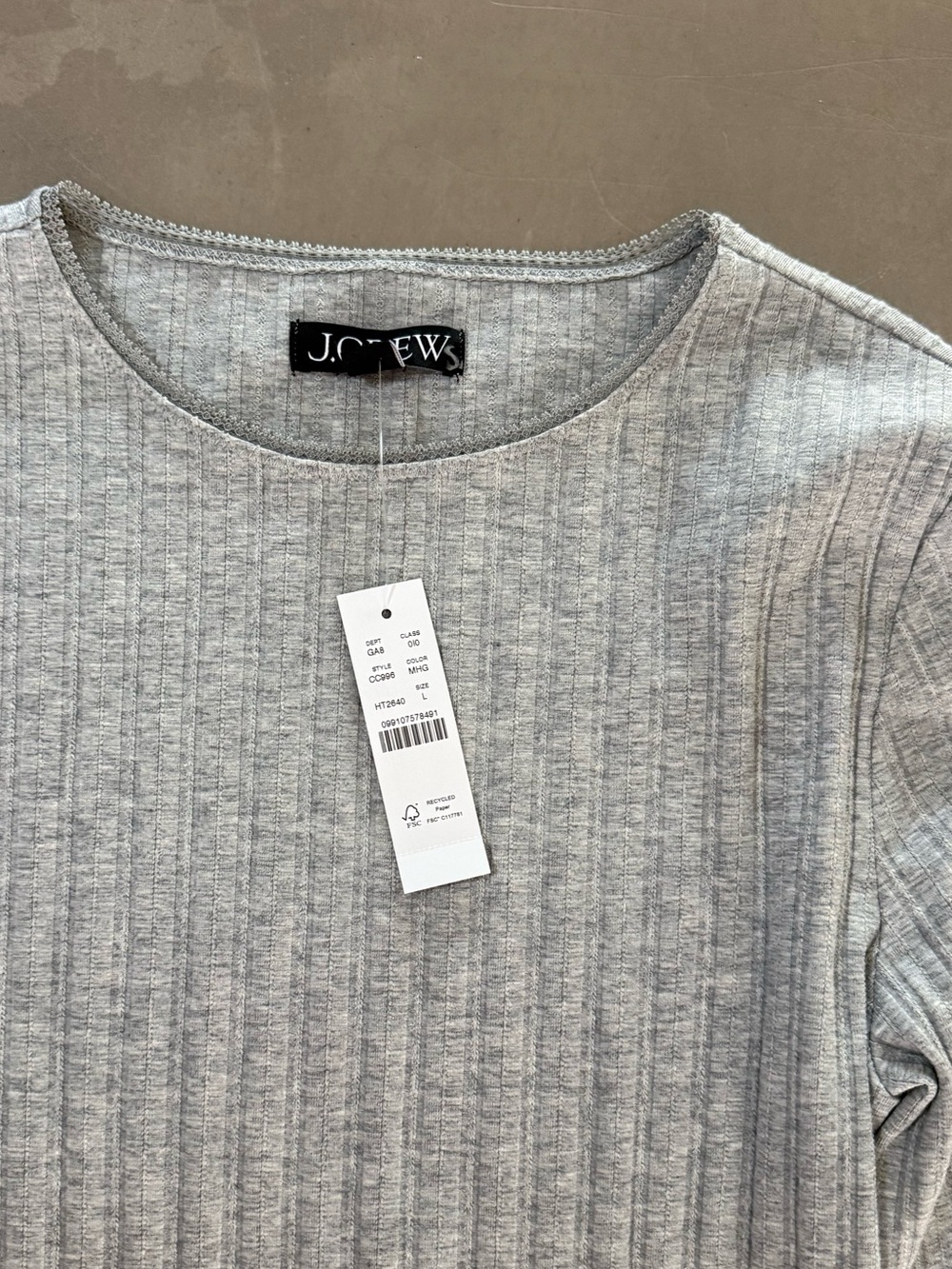 NWT J. Crew Light Gray Ribbed Long-Sleeve Crewneck Top - Picture 2 of 3